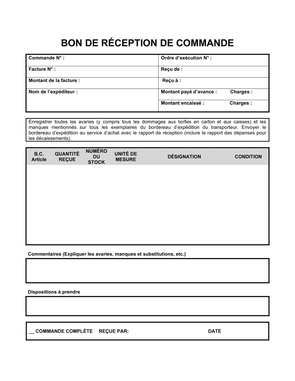 Business-in-a-Box's Bon de réception des commandes