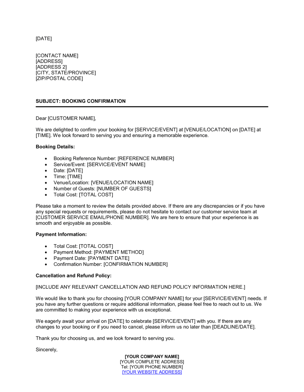 Business-in-a-Box's Booking Confirmation Letter Template