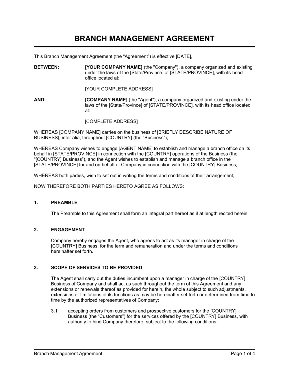 Branch Management Agreement (to Establish & Manage) Template  by For Business Management Contract Template
