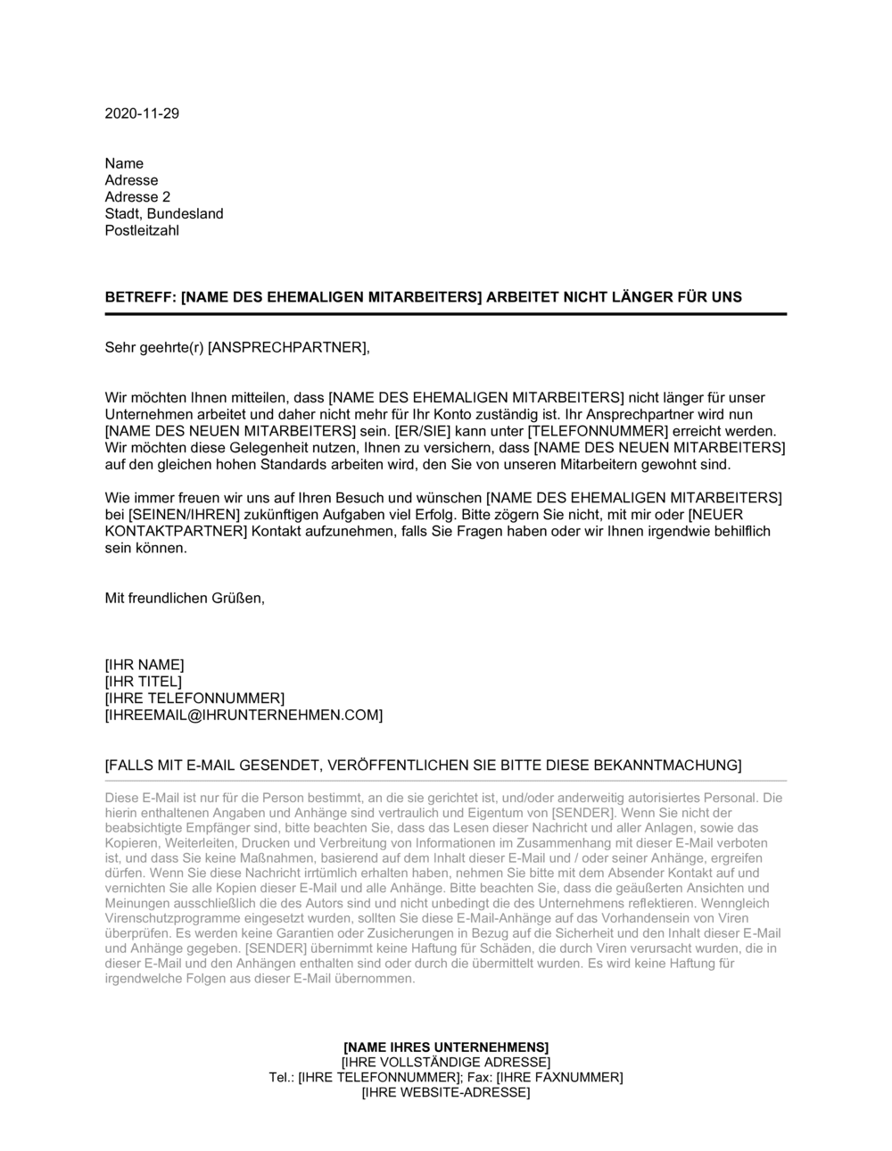 Business-in-a-Box's Brief an Kunden über ausgeschiedenen Mitarbeiter