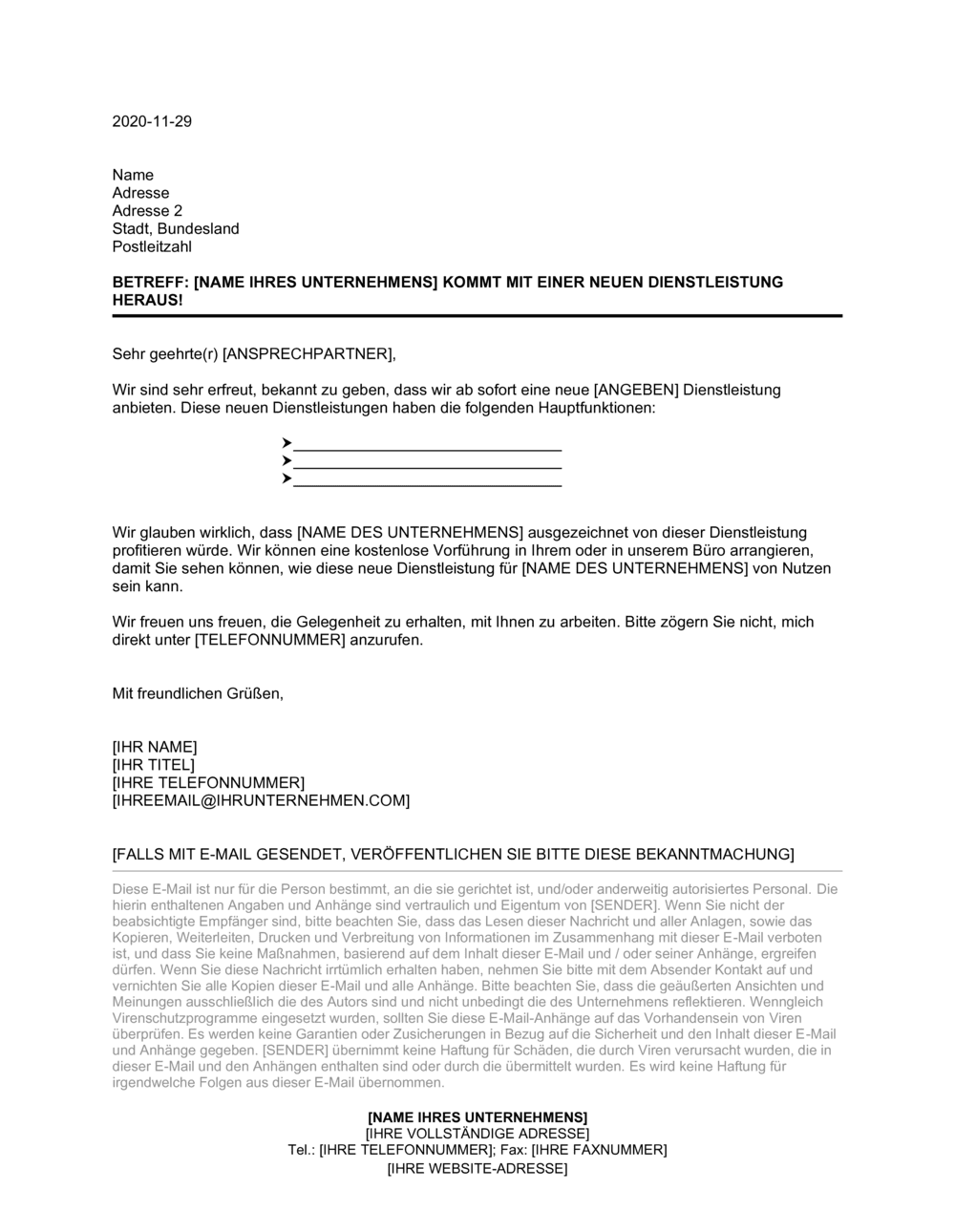 Business-in-a-Box's Brief mit Ankündigung einer neuen Dienstleistung