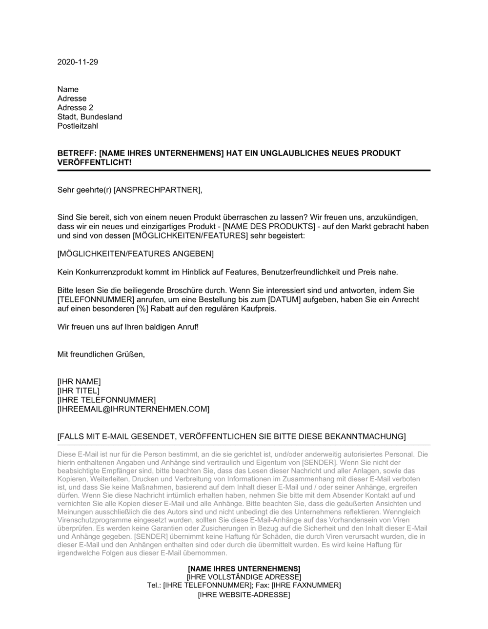 Business-in-a-Box's Brief mit Ankündigung eines neuen Produkts