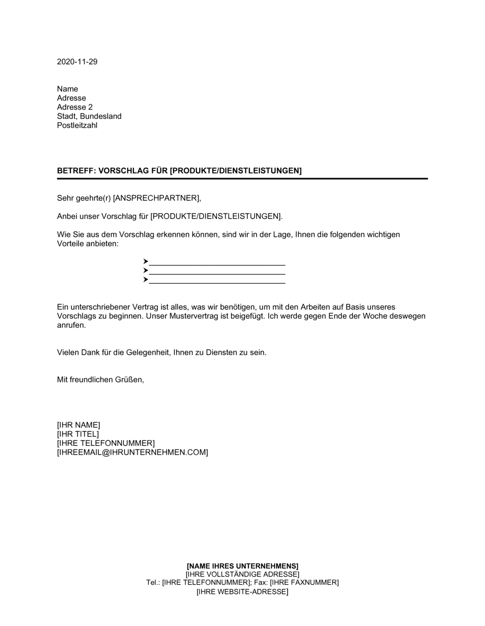 Business-in-a-Box's Brief mit beigefügtem Vorschlag - Kurz