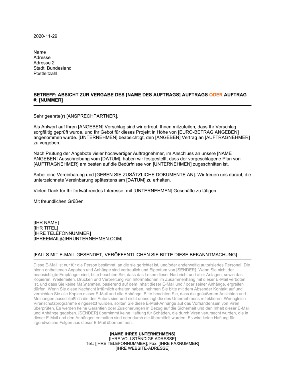 Business-in-a-Box's Brief zur Vergabe eines Auftrags