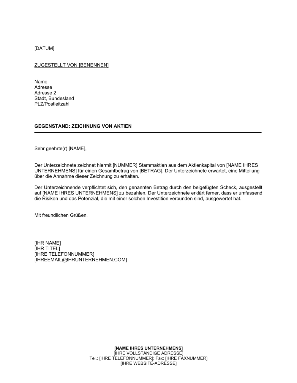 Business-in-a-Box's Briefbeispiele für eine Zeichnung von Aktien