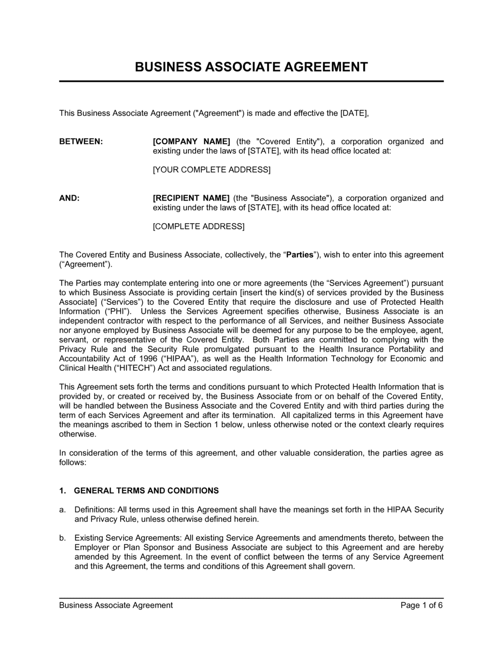 Free Hipaa Business Associate Agreement Template 2022