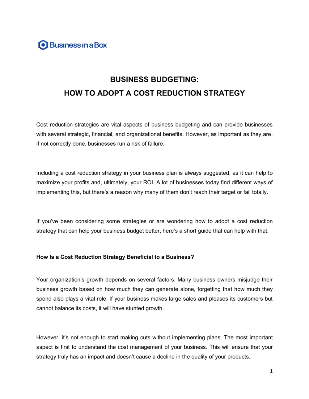 Business-in-a-Box's Business Budgeting How To Adopt A Cost Reduction Strategy Template