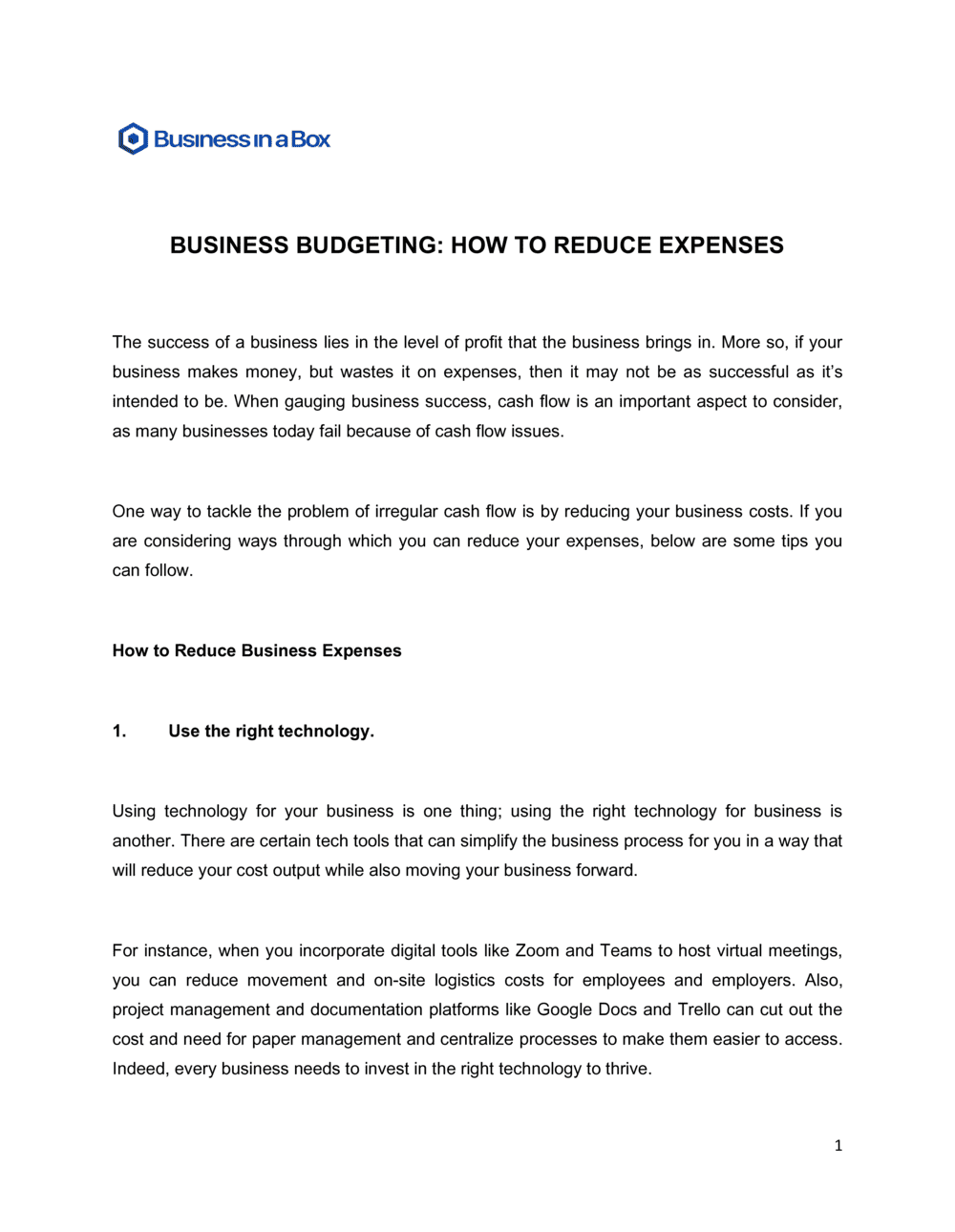 Business-in-a-Box's Business Budgeting How To Reduce Expenses Template