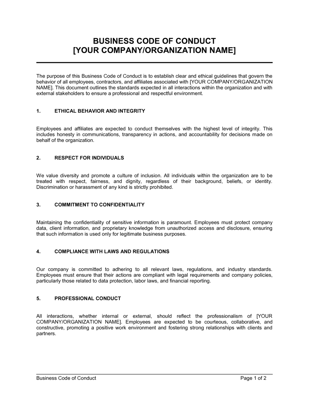 Business-in-a-Box's Business Code Of Conduct Template