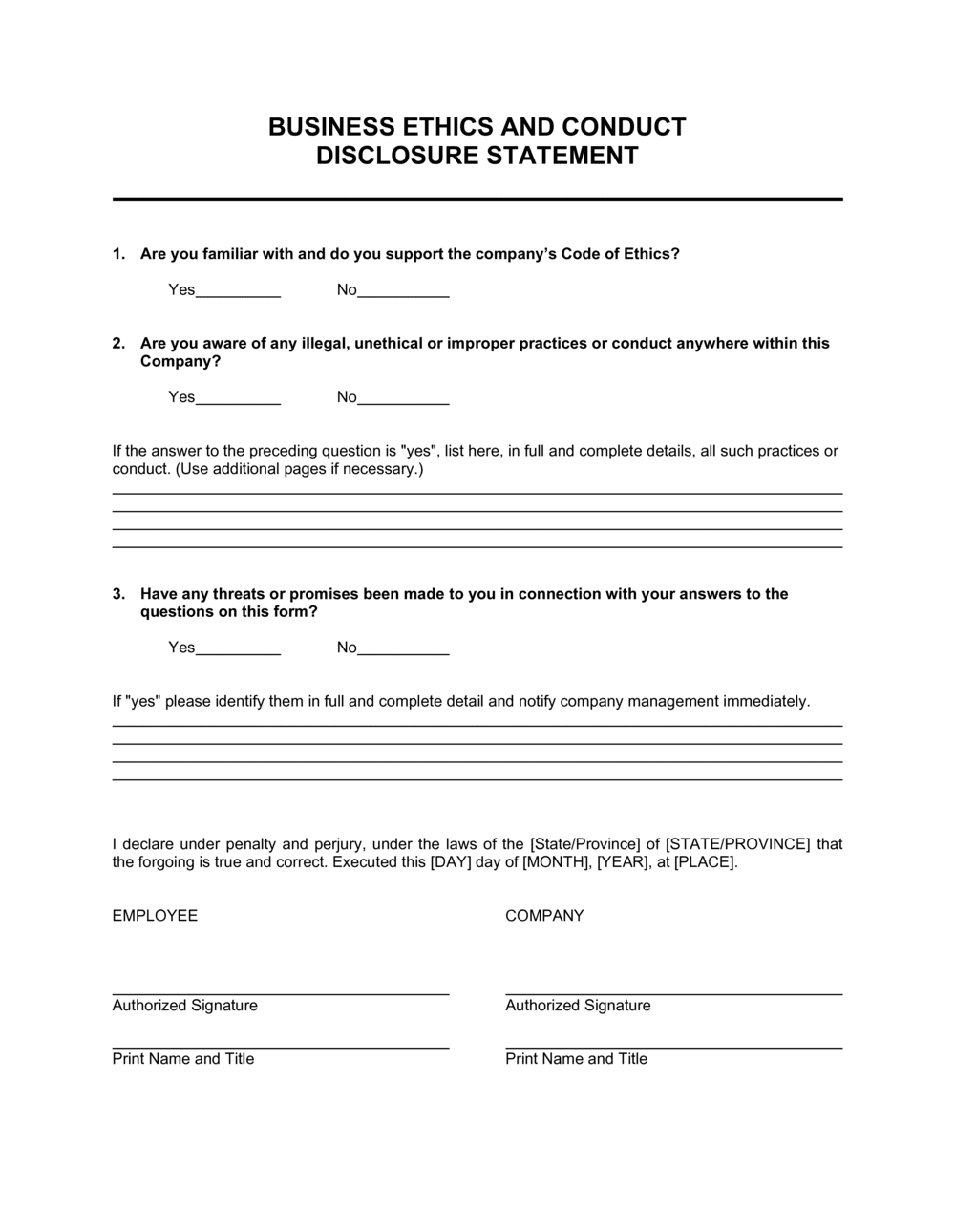 Business Ethics And Conduct Disclosure Statement Template By Business 