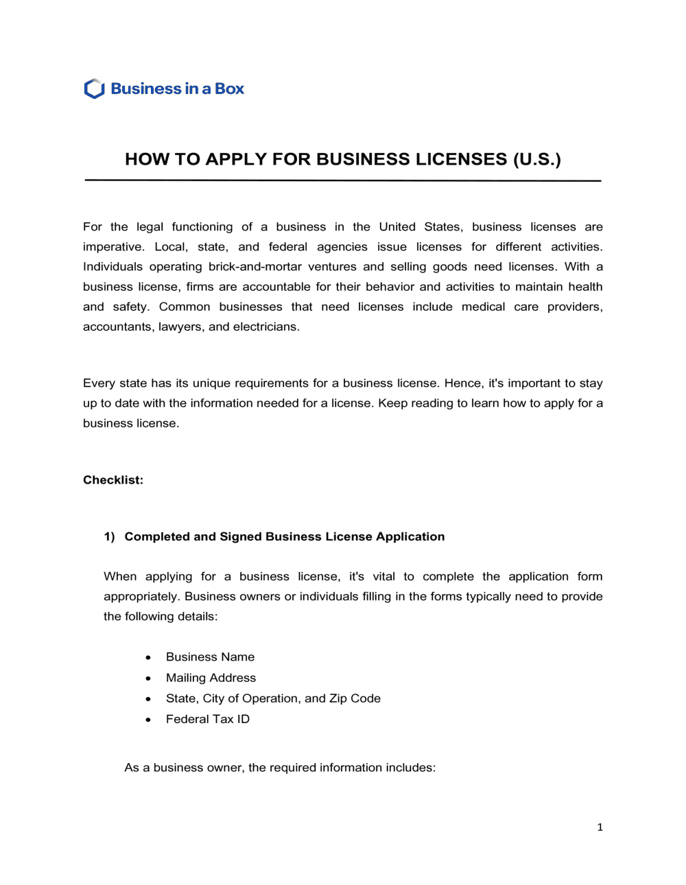 Business-in-a-Box's Business Licenses Checklist Template