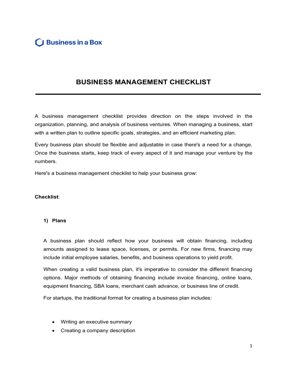 Business-in-a-Box's Business Management Checklist Template