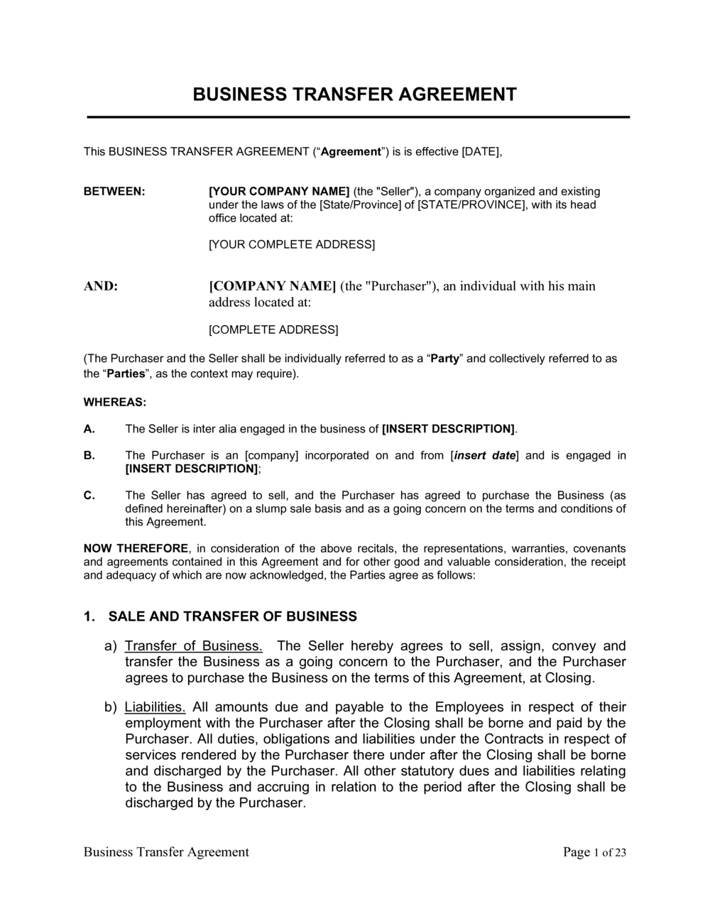 Transfer Of Ownership Agreement Template Templates Sample Printables