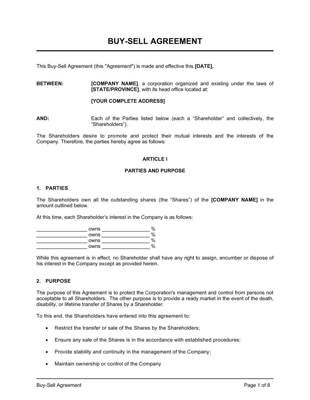 Corporate Buy Sell Agreement Template