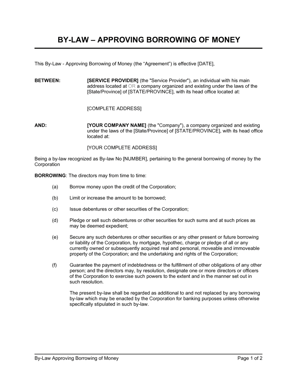 Business-in-a-Box's By-Law Approving Borrowing of Money Template