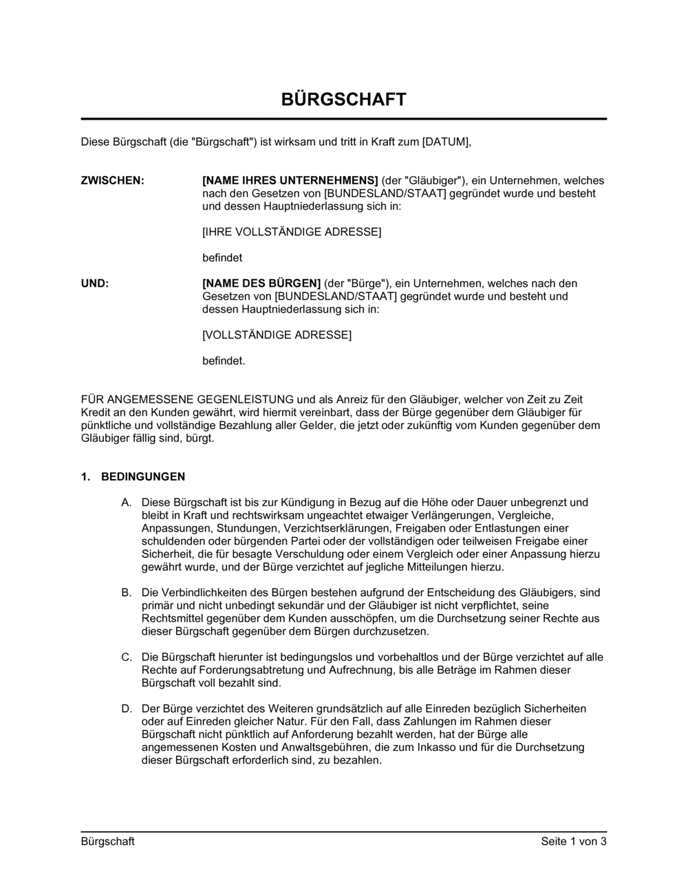 Business-in-a-Box's Bürgschaft für eine Forderung