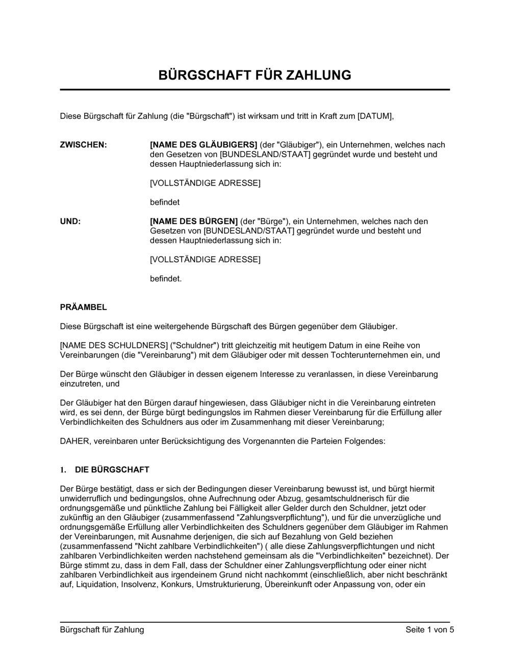 Business-in-a-Box's Bürgschaft für Zahlung