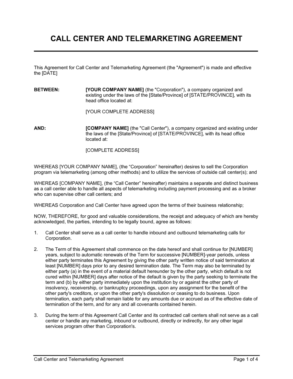 Call Center and Telemarketing Agreement Template  by Business-in With Regard To freelance trainer agreement template