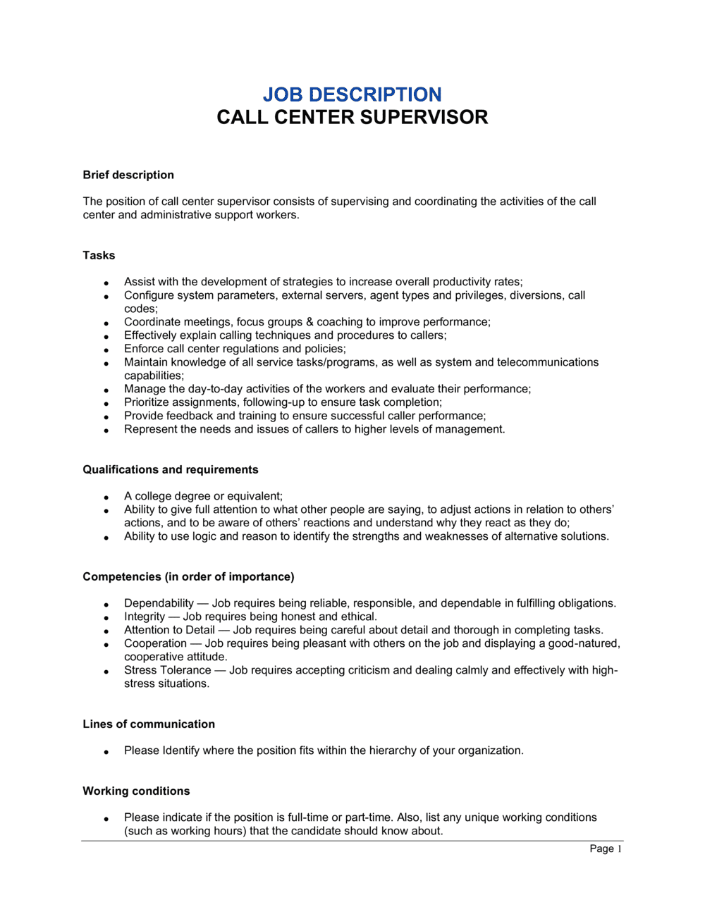 Call Center Floor Supervisor Job Description