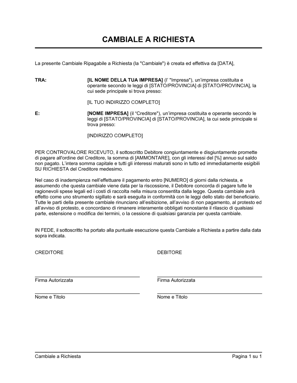 Business-in-a-Box's Cambiale pagabile a richiesta