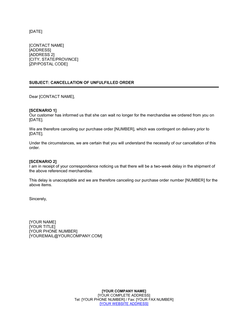 Business-in-a-Box's Cancellation of Unfulfilled Order Template