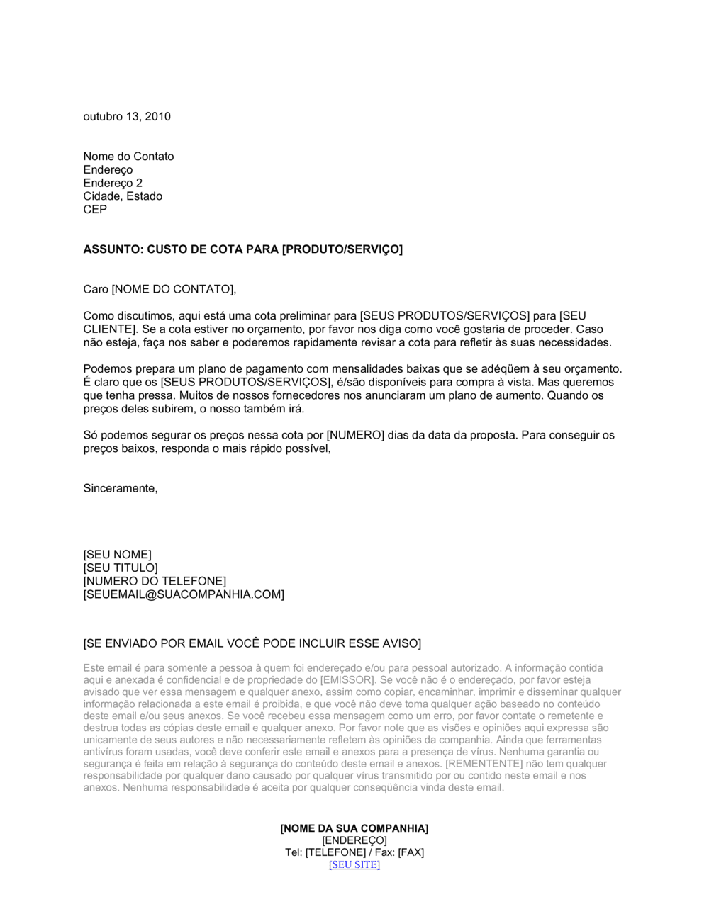 Business-in-a-Box's Capa de Carta para uma Cotação de Custo
