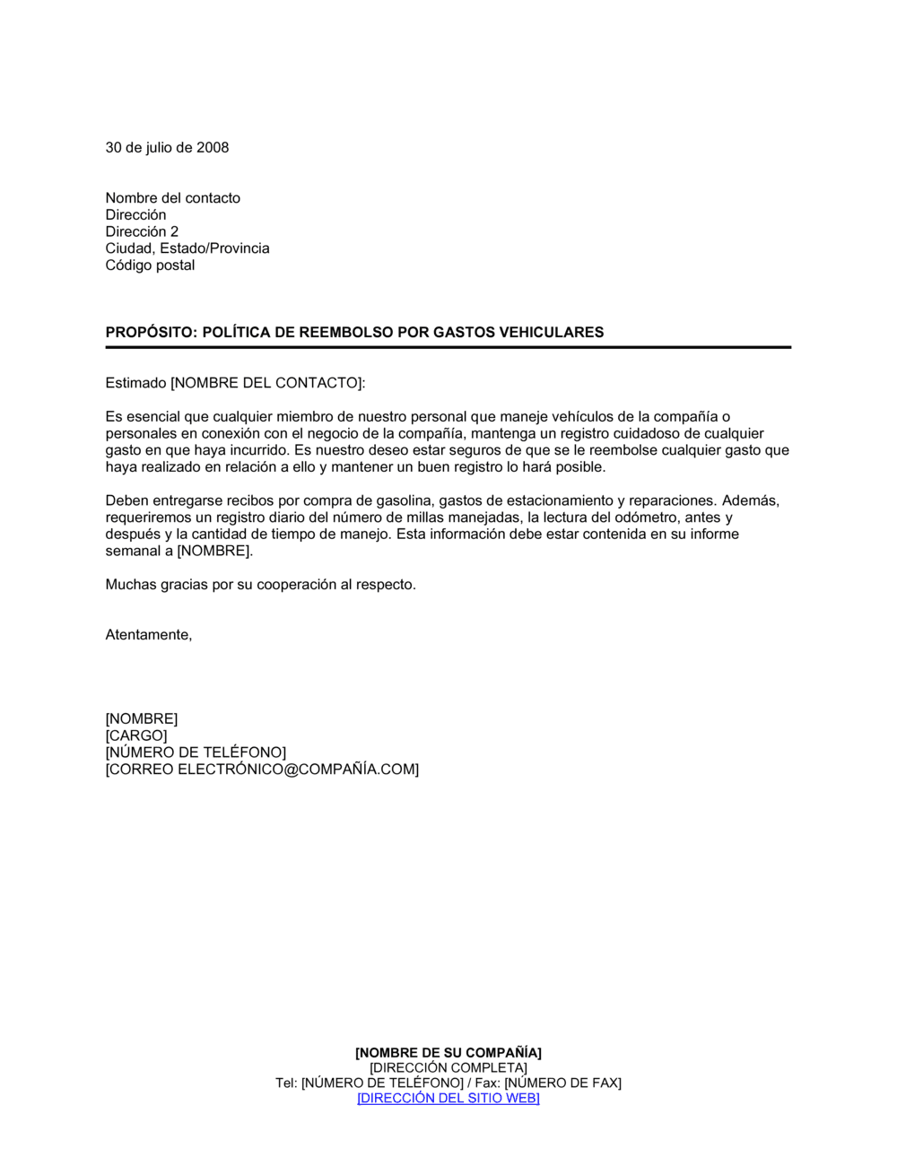 Business-in-a-Box's Carta acerca de la política de reembolso por gastos de movilidad