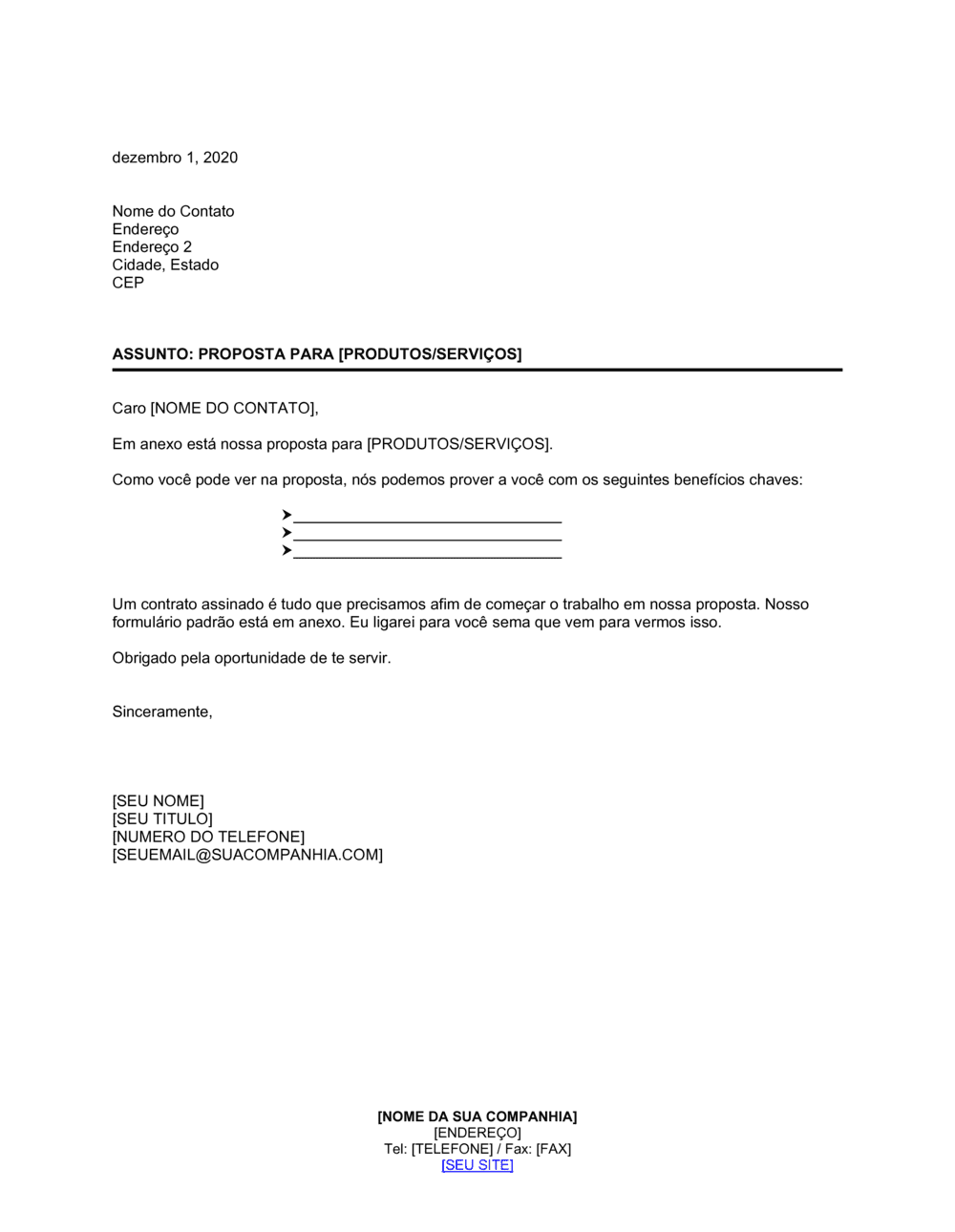 Business-in-a-Box's Carta Anexando Proposta Curta