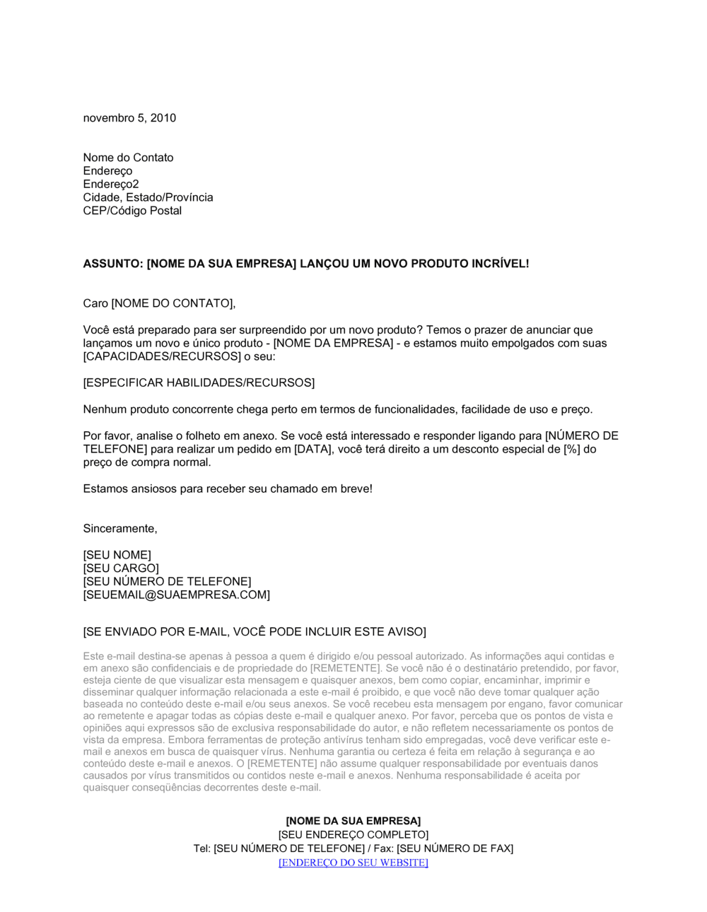 Business-in-a-Box's Carta Aunciando Novo Produto