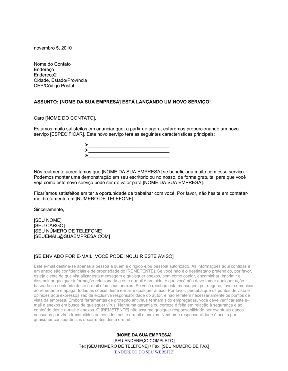 Business-in-a-Box's Carta Aunciando Novo Serviço