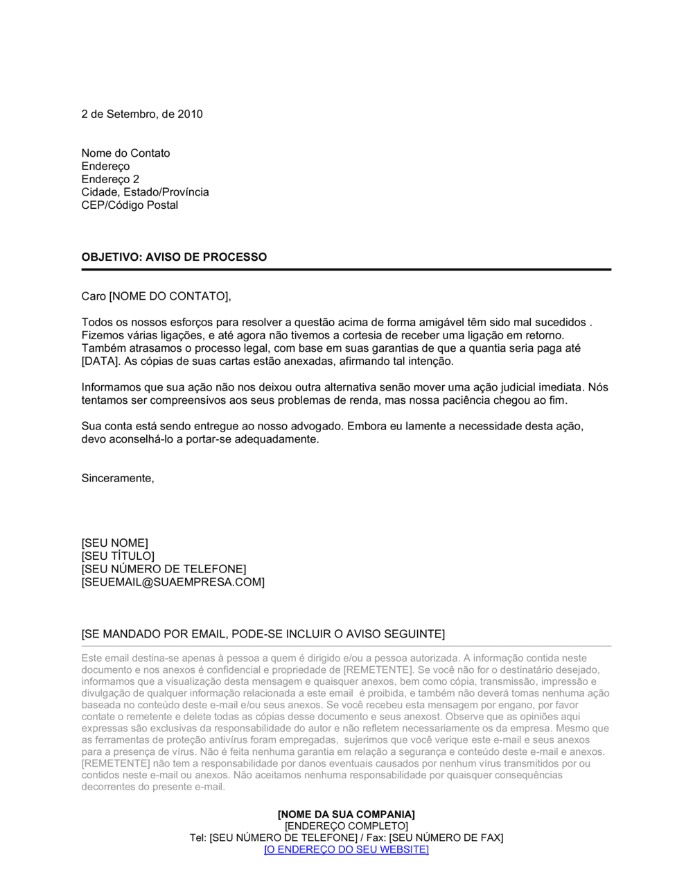 Business-in-a-Box's Carta Aviso de Processo