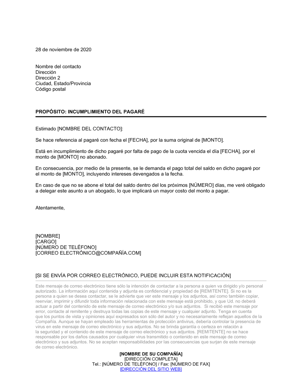 Business-in-a-Box's Carta con motivo del incumplimiento del pagaré