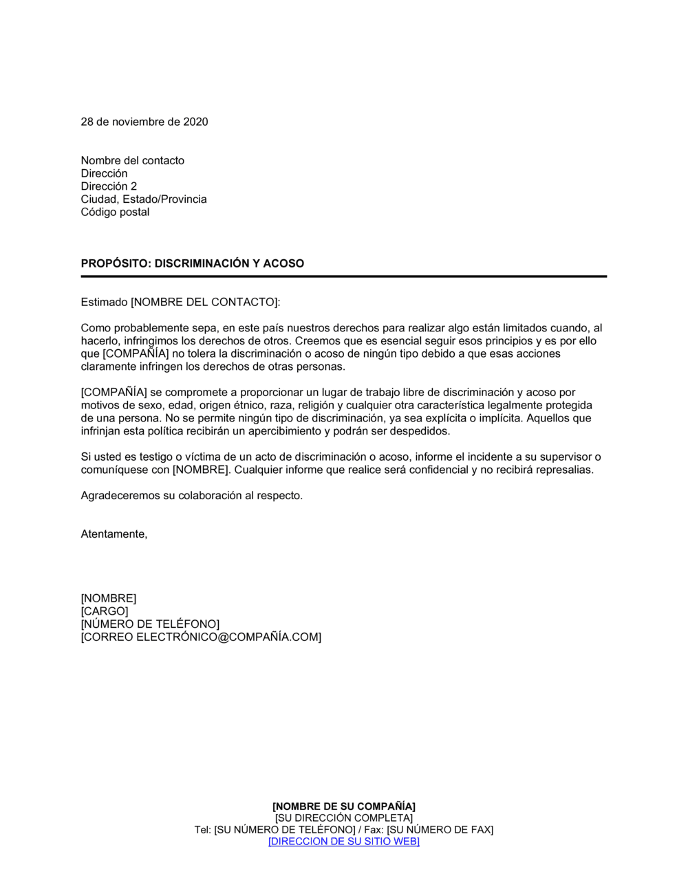 Business-in-a-Box's Carta con respecto a acoso