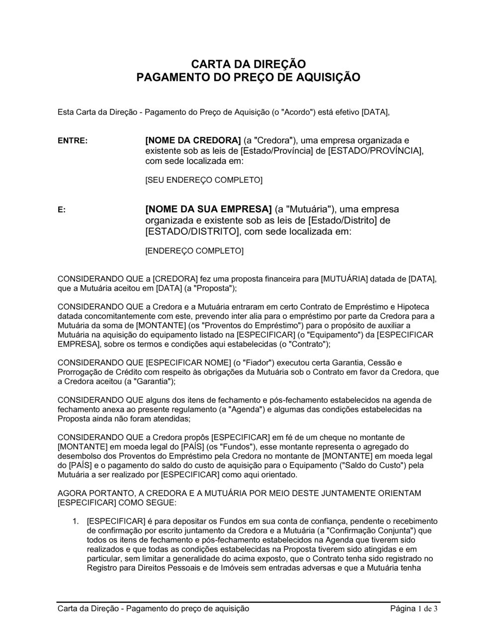 Business-in-a-Box's Carta da Direção Pagamento do Preço de Aquisição