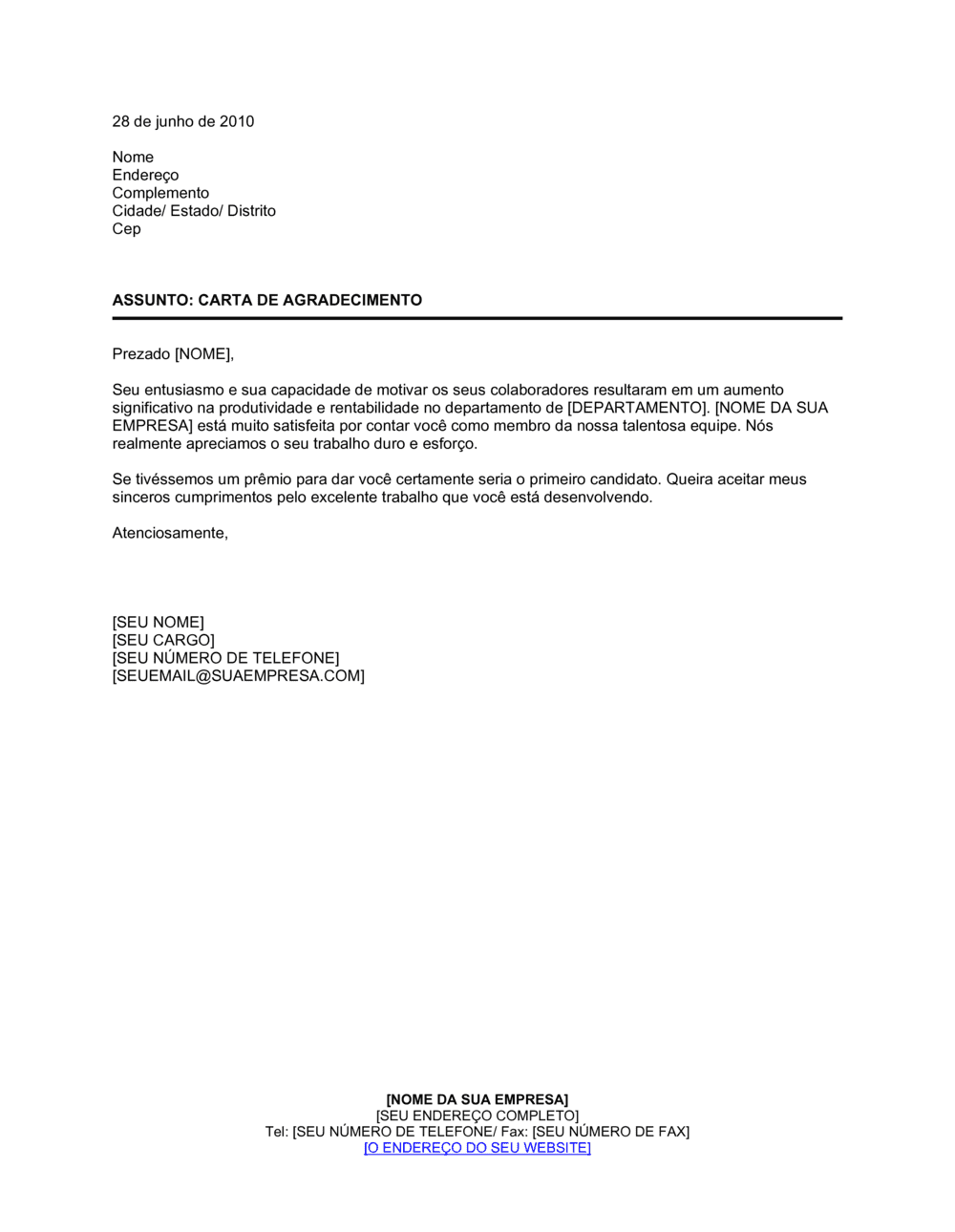Business-in-a-Box's Carta de Apreciação para o Funcionário