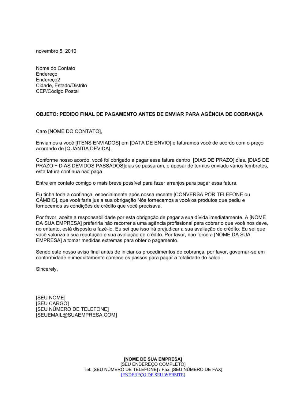 Business-in-a-Box's Carta de Cobrança Antes de Enviar para Agência