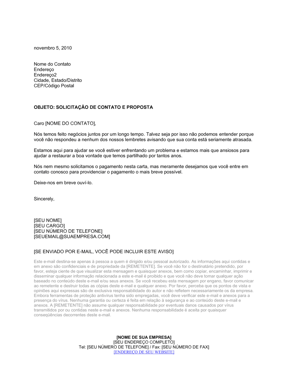 Business-in-a-Box's Carta de Cobrança Pedido Contato e Proposta