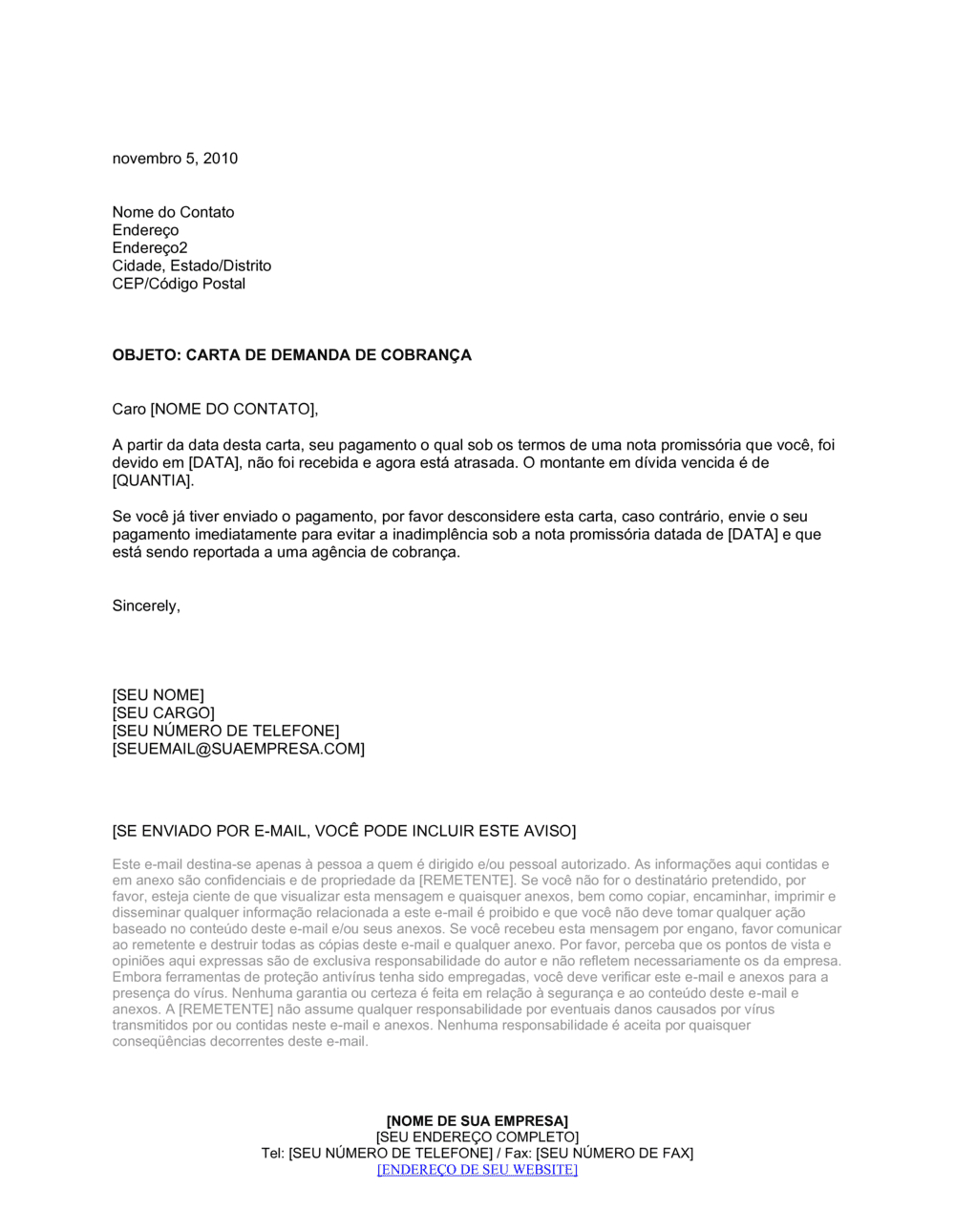 Business-in-a-Box's Carta de Cobrança Após Nota Promissória