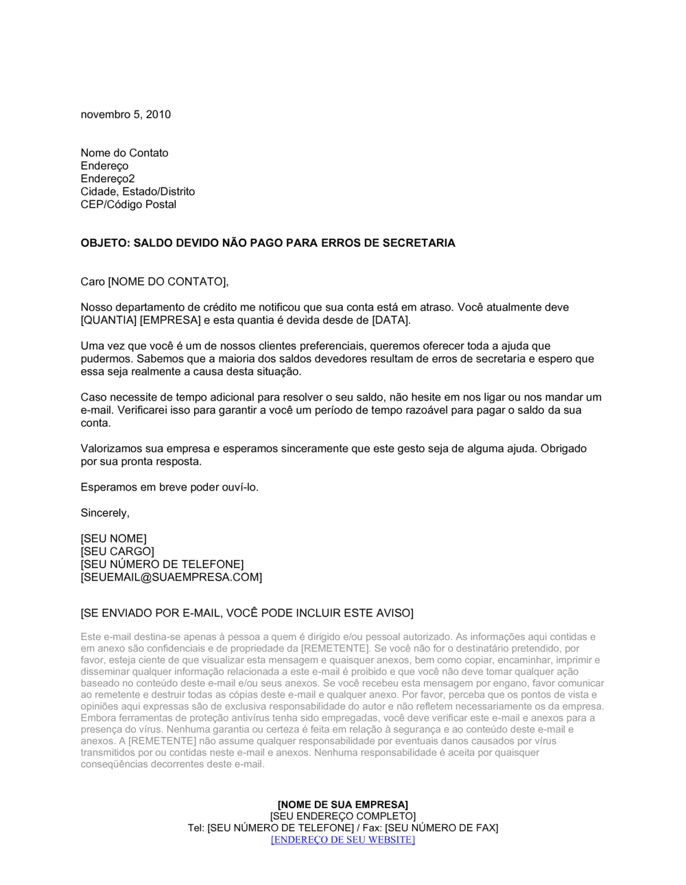 Business-in-a-Box's Carta de Cobrança Erros Clericais