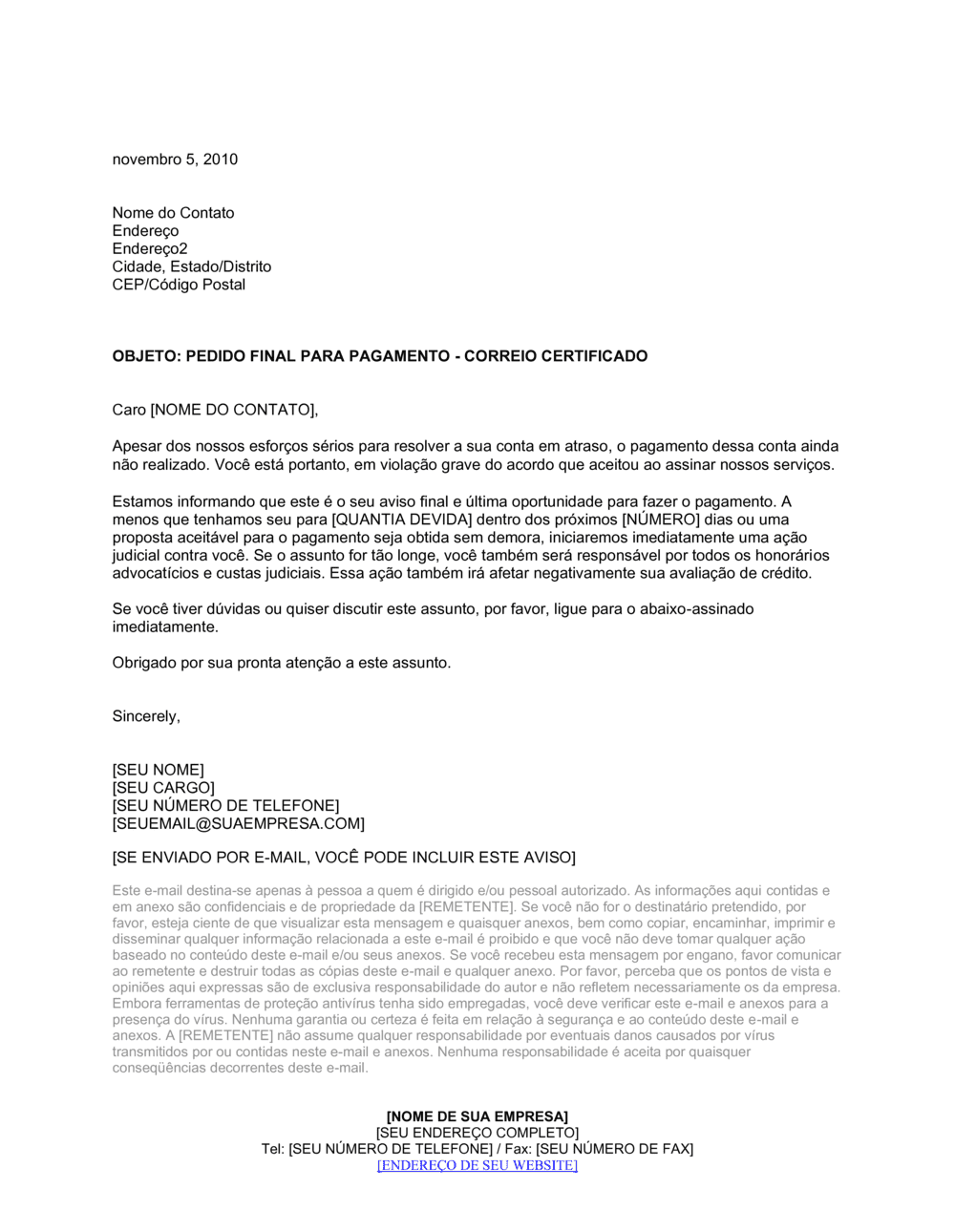 Business-in-a-Box's Carta de Cobrança Final