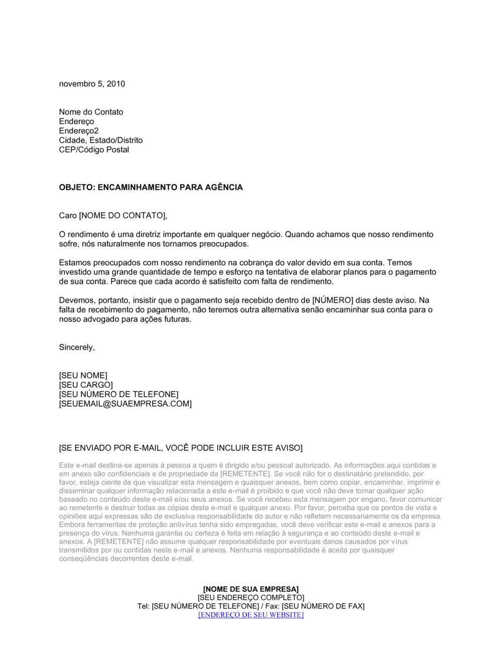 Business-in-a-Box's Carta de Cobrança Referindo à Agência