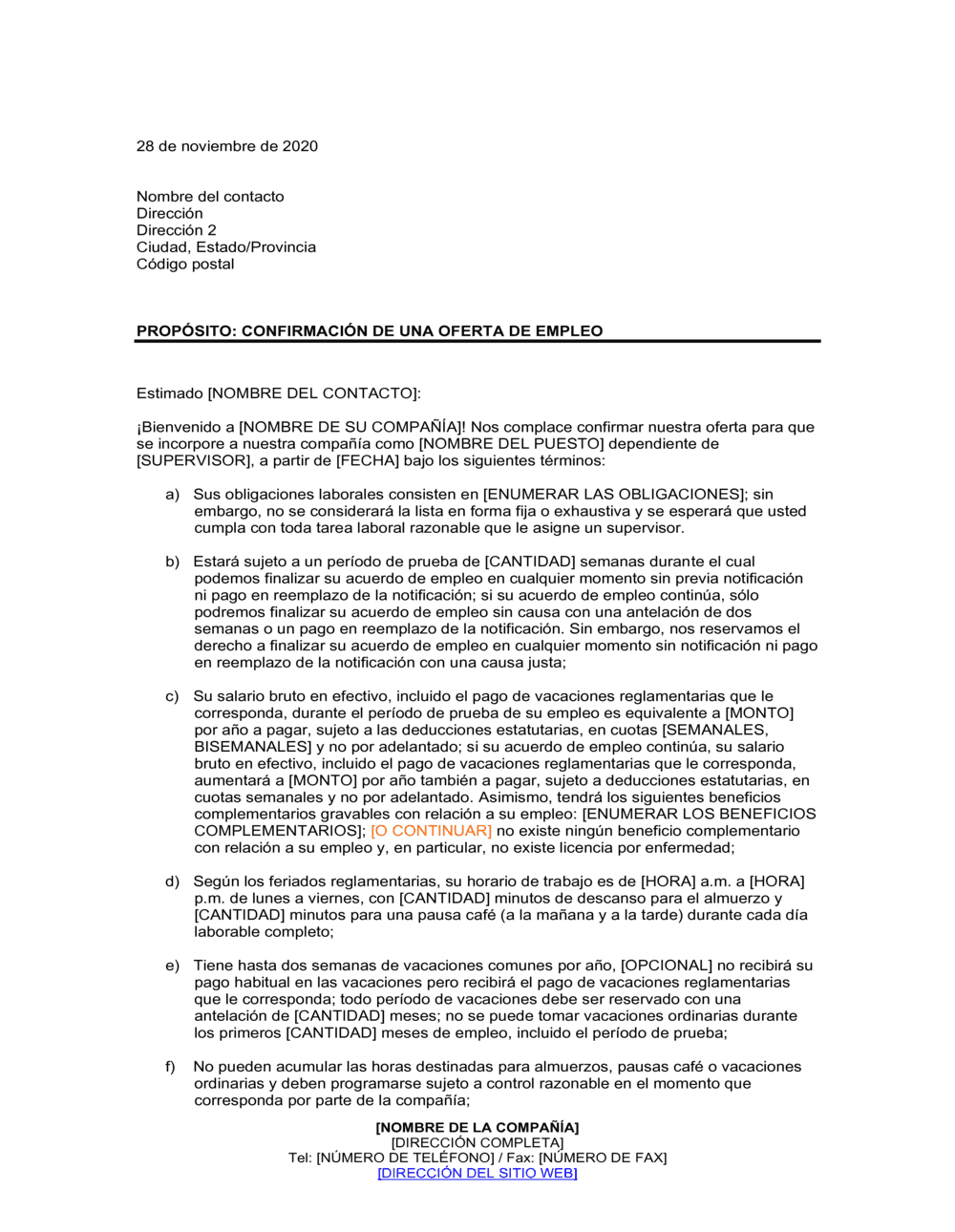 Business-in-a-Box's Carta de confirmación de términos del empleo