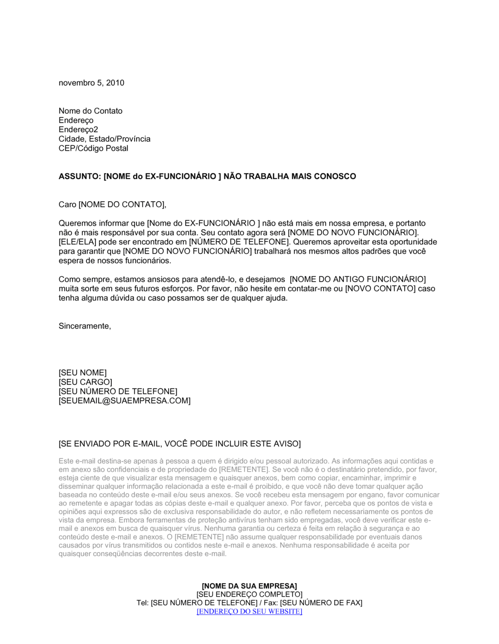 Business-in-a-Box's Carta de Consumidor para Funcionário que Saiu