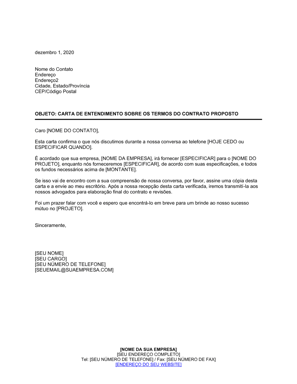 Business-in-a-Box's Carta de Entendimento Acerca dos Termos do Contrato Proposto