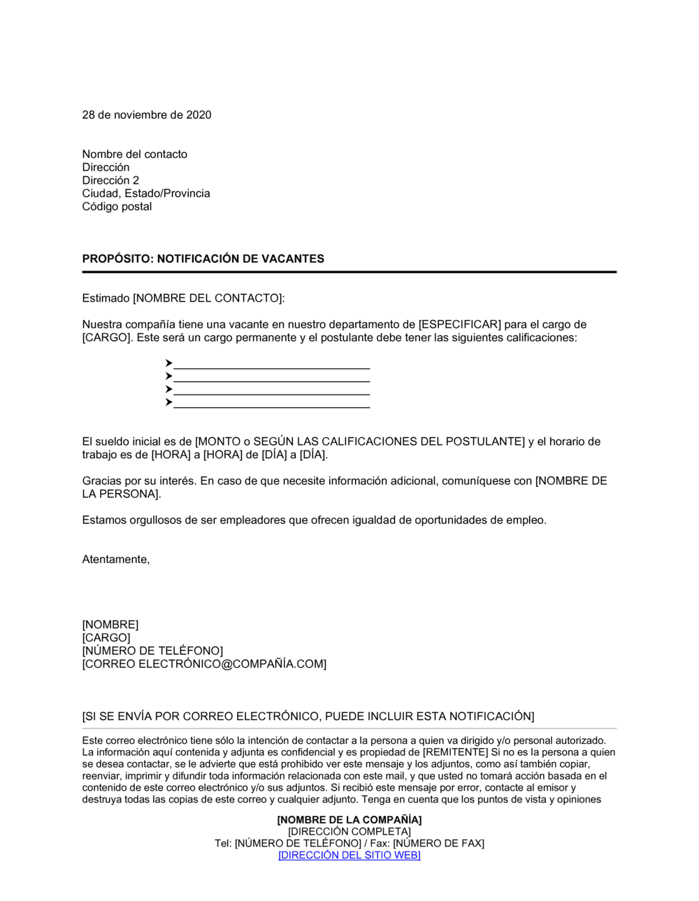 Business-in-a-Box's Carta de notificación de vacantes