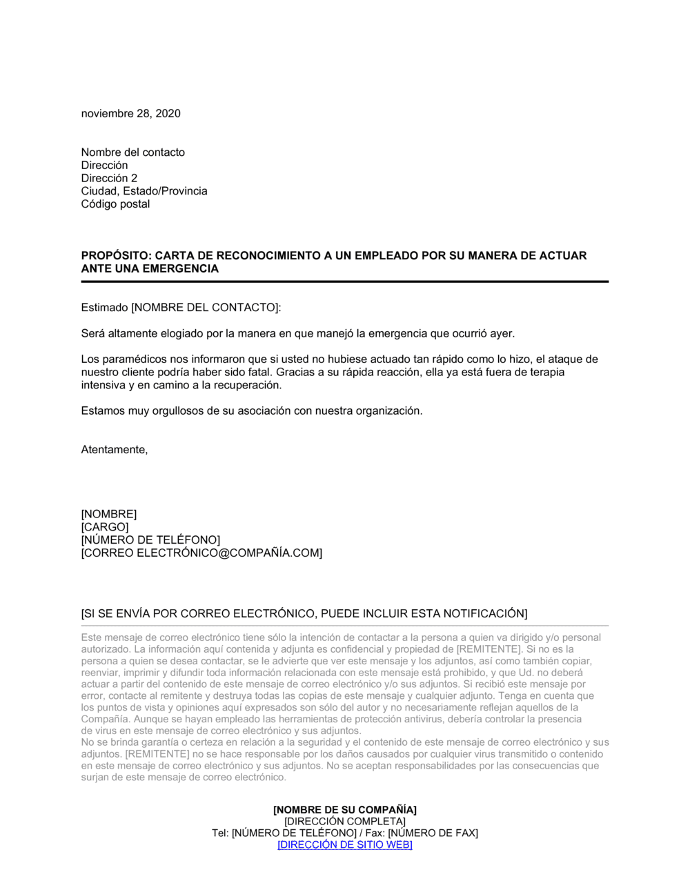 Business-in-a-Box's Carta de reconocimiento a un empleado por desempeño ante una emergencia