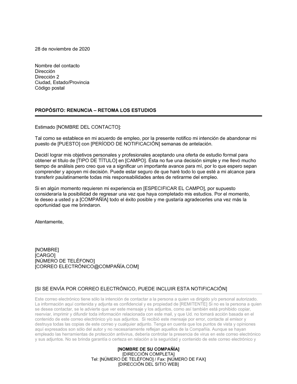 Business-in-a-Box's Carta de renuncia para retomar estudios