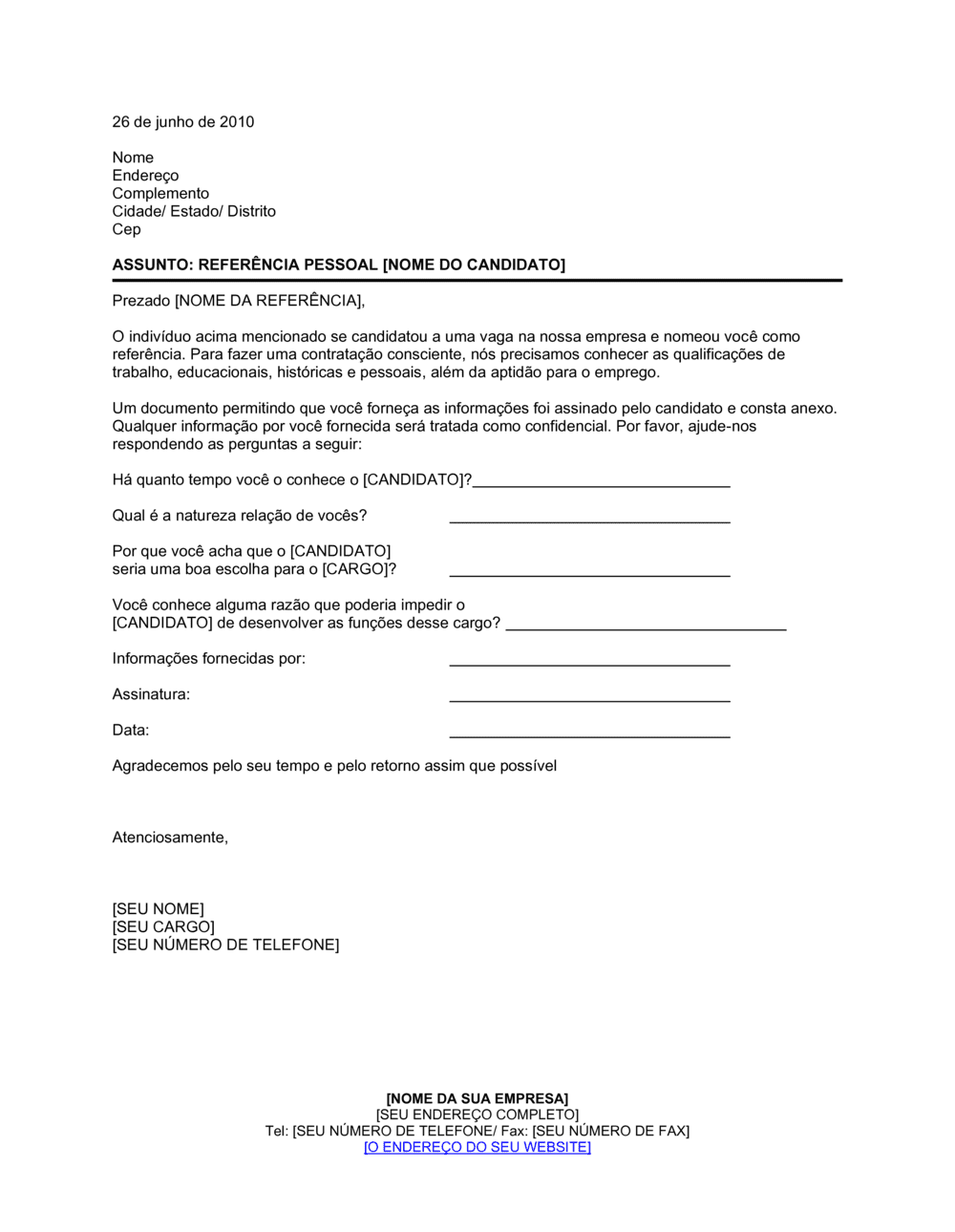 Business-in-a-Box's Carta de Verificação de Referência Pessoal