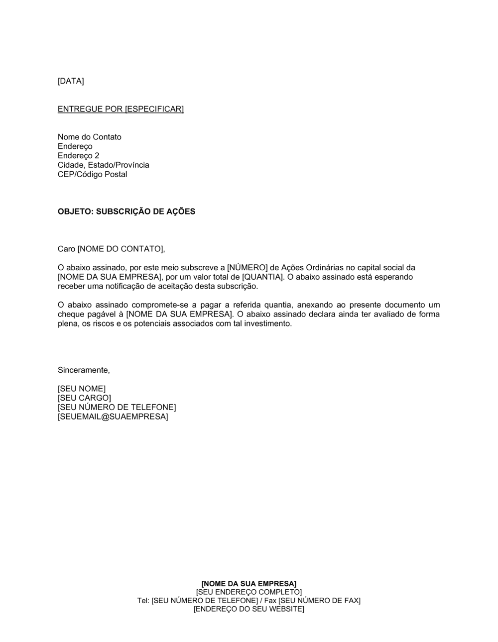 Business-in-a-Box's Carta Exemplo para uma Assinatura de Ação