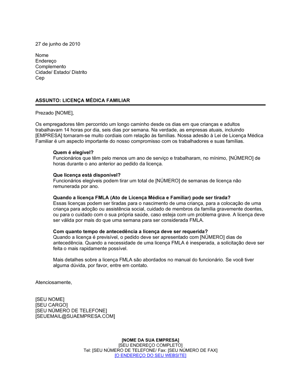 Business-in-a-Box's Carta Explicando Saída Familiar e Médica